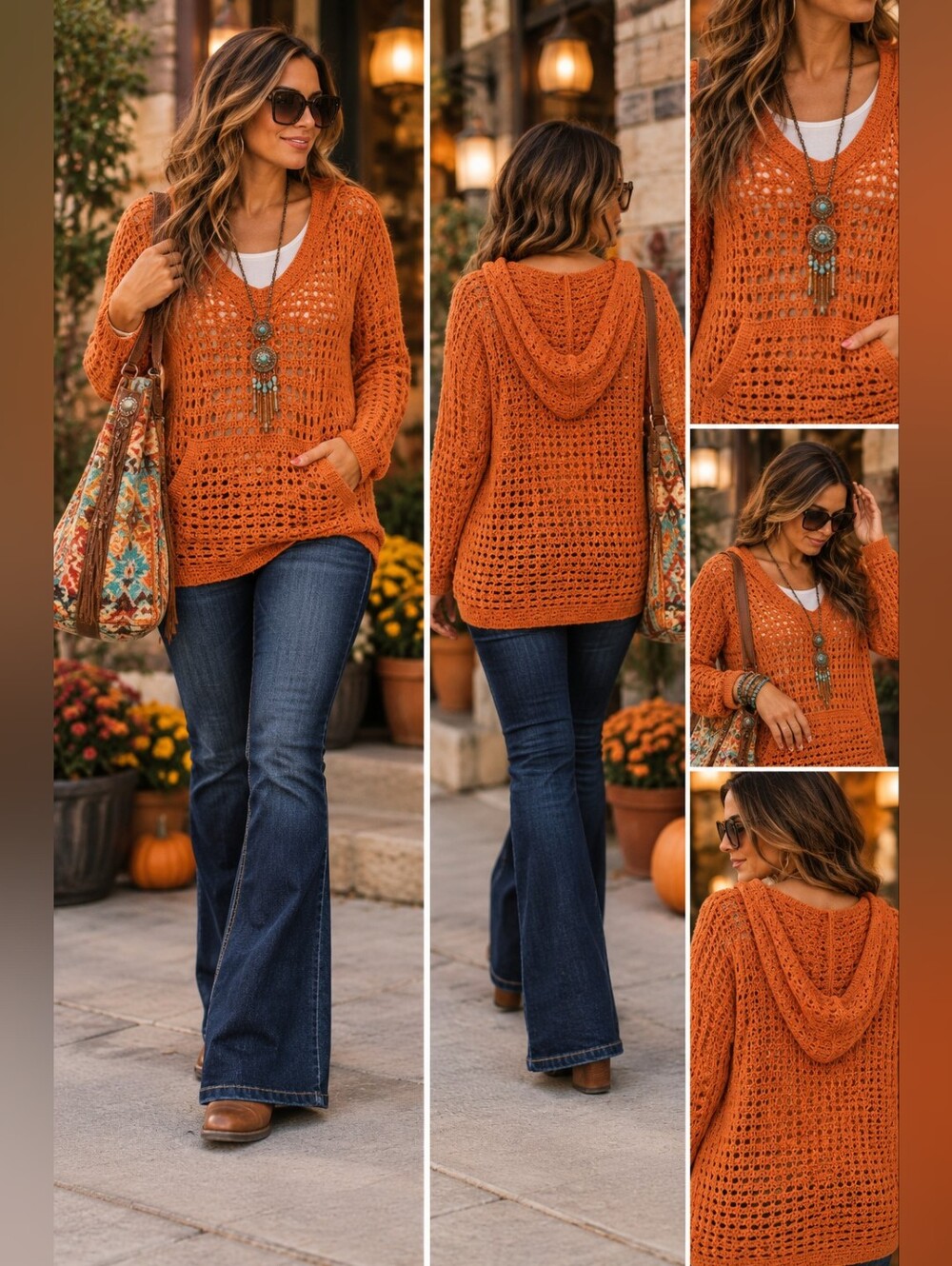 Gander MTN Orange Hooded Crochet Knit Sweater Beach Cover Up Boho Coastal M
